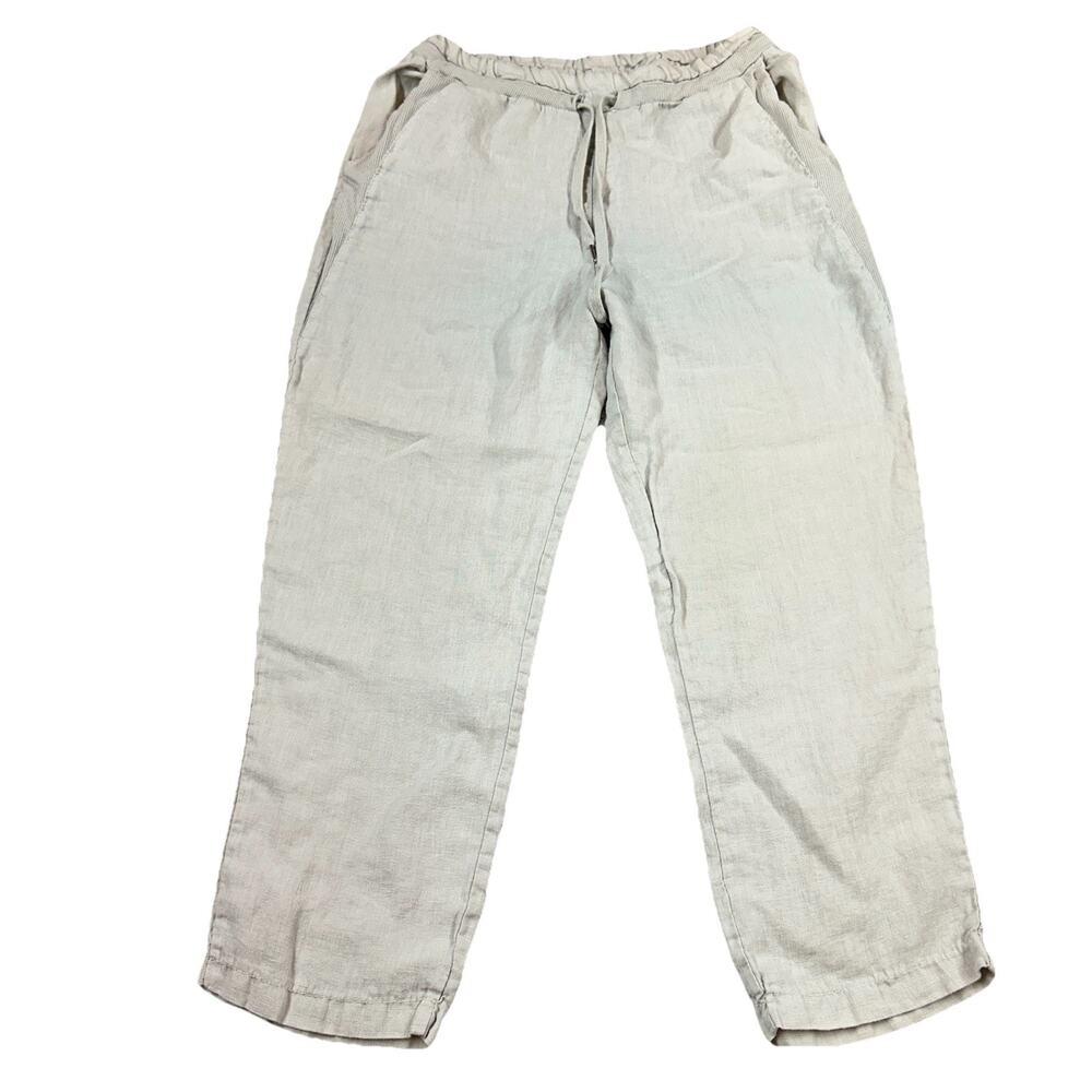 Kaktus Linen Pants Women Small Beige Drawstring Cropped Casual Pockets Vacation